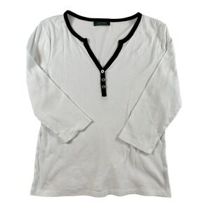 Lauren Ralph Lauren 3/4 Sleeve White Gold Button Cotton Shirt Women's Size Small